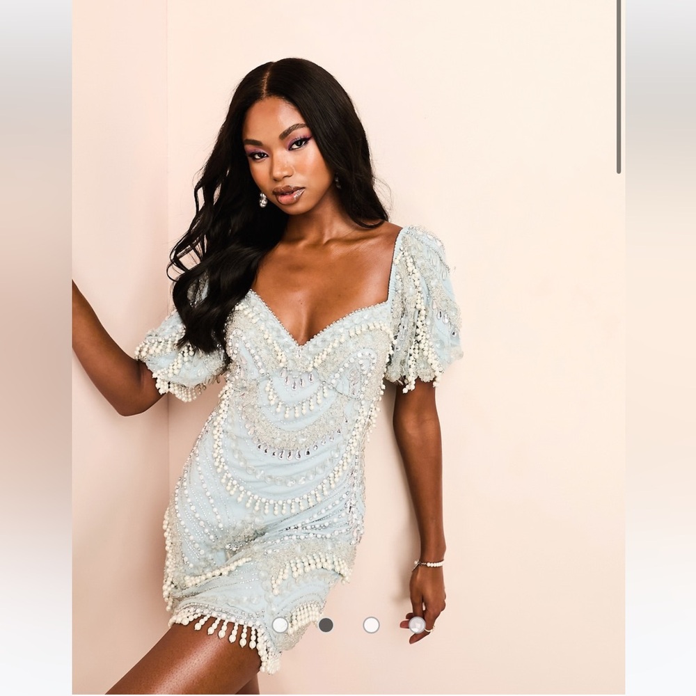 ASOS Antique Pale Blue Puff Sleeve Bodycon Beaded Mini Dress